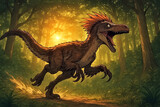 Utahraptor biegnie energicznie z otwartą paszczą (goniąc ofiarę...!?) przez las o świcie. Jutaraptor przedstawiony jest w dynamicznym ruchu. Jego paszcza jest otwarta, odsłaniając ostre zęby.