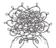 © Graphic Genius - Black outline illustration of two hands trying to untangle a knotted string of holiday lights against a white background.