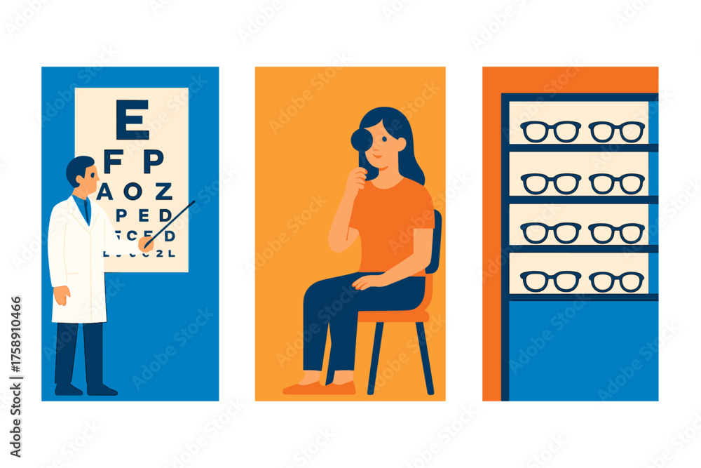 Optometry flat icon set. featuring eye chart, eye test, spectacles ...