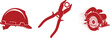 ©  Besticon25 - Red Silhouettes of Hard Hat, Pliers with Nut, and Circular Saw with Speed Lines tool