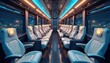 © Viktor - Luxurious bus interior offers comfortable travel. Passenger seats with ambient lighting. Night city view through windows. Modern vehicle design for commute or journey in coach.