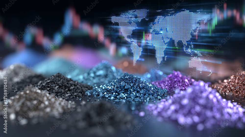 Visualizing Rarity Digital rendering of metallic powders glowing under neon lights with ...