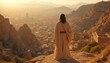 © Viktor - Man in robe stands atop rocky hill overlooking ancient settlement. Golden light bathes landscape. Figure gazes toward distant town, evokes spirituality, reflection. Biblical scene conveys hope faith
