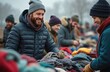 © Viktor - People sort clothes at outdoor winter market. Men women select warm garments, donate apparel for charity. Community volunteers help needy during cold season.