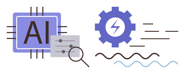 Wall Mural - AI chip, gear with lightning bolt, magnifier, and data sliders. Ideal for technology, innovation, machine learning, automation intelligence data analysis engineering concepts. Simple flat metaphor