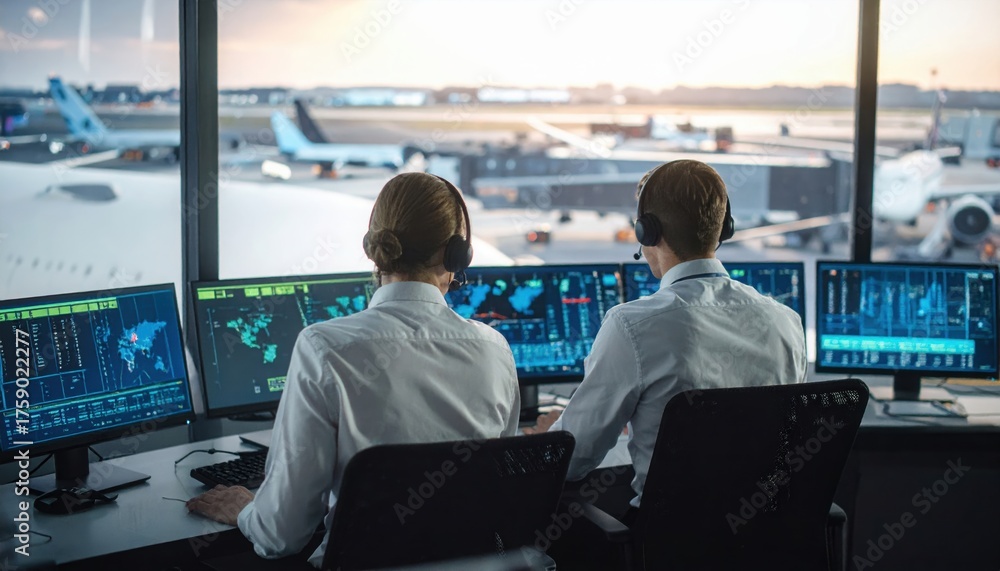 Air traffic controllers monitor airport operations with multiple ...