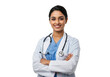 © AnaMaria - Smiling Indian female doctor in lab coat with stethoscope isolated on transparent PNG, healthcare professional for medical and wellness concepts