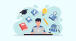 © luck - A student immersed in online learning, surrounded by educational symbols like books, a graduation cap, and a lightbulb, illustrating the concept of knowledge acquisition and digital education