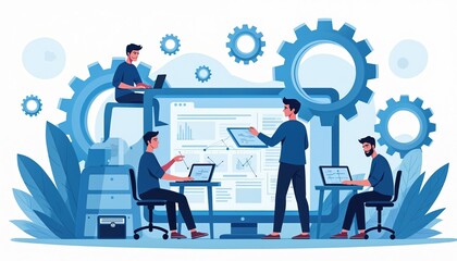 Team of developers work together on mobile app development project. They collaborate on coding for and Android platforms using laptops and large computer screen. Gears and leaves surround workspace.