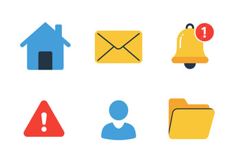 Colorful flat design icon set for user interface projects. Vector symbols for websites and mobile apps, including home, mail, notification, warning, user, and folder