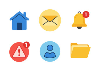 A vibrant collection of flat design user interface icons, including home, mail, notification, and profile symbols for web and mobile applications