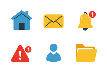 A collection of colorful flat design user interface icons for web and mobile applications, featuring home, email, notification, and profile symbols