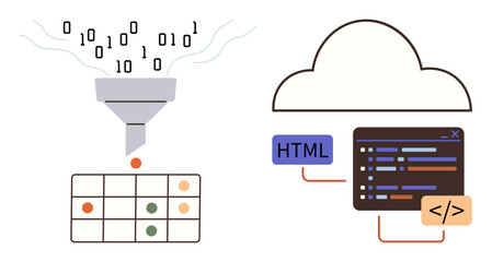 Binary data flowing through a funnel into a table, connected to cloud storage, code snippets, and HTML tags. Ideal for data analysis, coding, cloud technology, programming, web development machine
