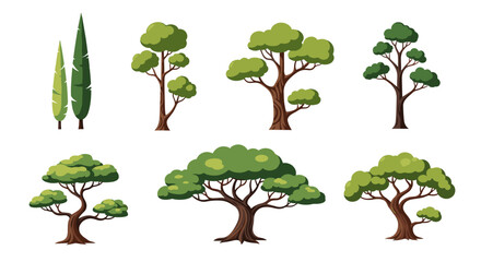A collection of various stylized trees with green foliage and brown trunks.