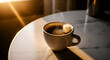 © Dinda - Aesthetic coffee cup with sugar cube on marble table with backlight in a warm morning.