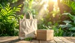 © andre - Environmentally friendly shopping and delivery with a paper bag and cardboard box on a wooden table in a sunlit natural garden