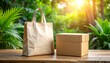 © andre - Environmentally friendly shopping and delivery concept with a paper tote bag and a cardboard box in a beautiful sunlit garden