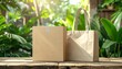 © andre - Sustainable packaging and delivery solutions Eco-friendly cardboard box and reusable paper bag on a rustic wooden table, against a natural green backdrop