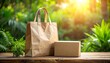 © andre - Sustainable brown paper shopping bag and cardboard box on a rustic wooden table in a sun-drenched, lush green garden, emphasizing eco-friendly packaging and natural delivery concepts