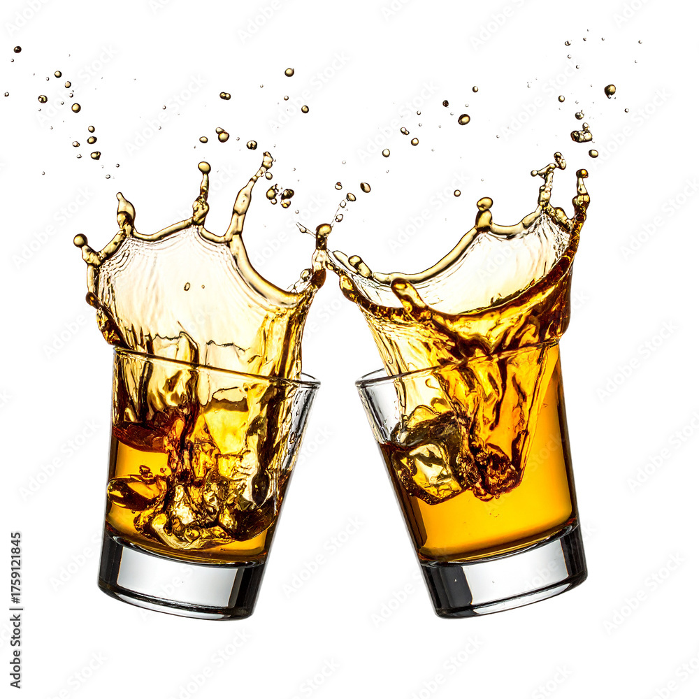 Liquid Toast PNG Golden Toast: Two glasses of amber liquid collide mid-air, creating ...