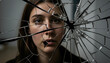 © Gilang - A young woman gazes through a shattered, cracked glass surface, creating a fragmented reflection.