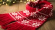© Muhammad Wasil - A red scarf with white snowflake patterns and fringe lies on a wooden surface adorned with blurred fairy lights and greenery in the background