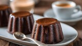 Chocolate desserts with a coffee cup and spoon are ready.