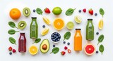 “Assorted bottles of cold-pressed fruit and vegetable juices (orange, green, red) on white background, clean composition, health detox concept, modern branding photography.”
