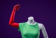© HerlinaWidyastuti - Mannequin with one red and one white arm wearing a green shirt against a purple background