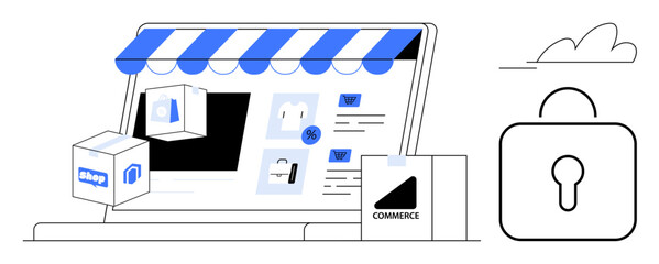 Wall Mural - Laptop with storefront awning, shopping boxes, delivery bag, lock icon, and cloud visual. Ideal for e-commerce, secure payment, marketing online shopping retail delivery and data safety. Simple
