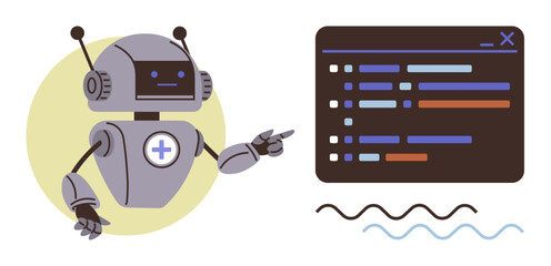 Robot interacting with coding interface, indicating AI support in programming, automation, and development. Ideal for AI, coding, tech, innovation, education automation futuristic concepts simple