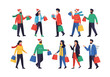 © Vector Studio - Ten people holding shopping bags wearing winter attire hats scarves and sweaters on a white backdrop