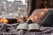 © Seema Designs - Cozy reading nook with soft blanket and fairy lights, perfect for relaxation and winter evenings, creating a warm and inviting atmosphere for study