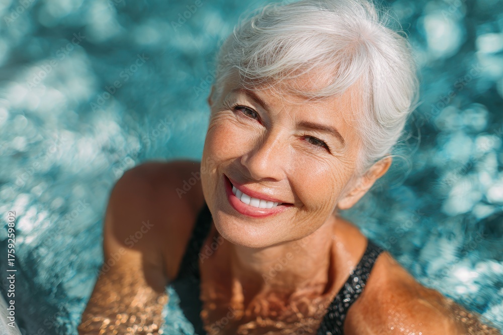 Retiree Smiling Smiling active retiree with white hair emerges from the pool embodying ...