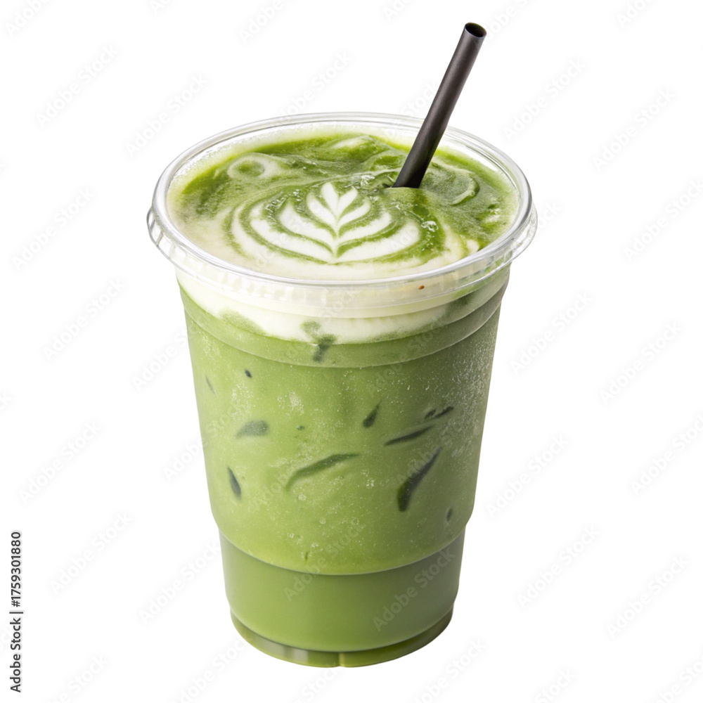 Iced matcha latte with foam art in a clear plastic cup isolated on ...