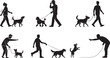 © vector icon - Silhouettes of people walking and training dogs on leashes in various poses and activities