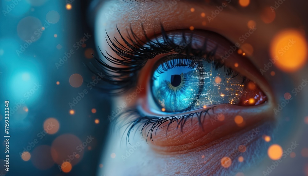 Close up of a human eye reflecting a modern city at night with digital ...