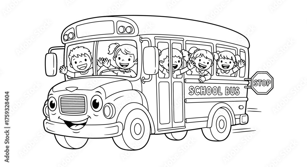 Friendly School Bus with Waving Children for Educational School Theme ...