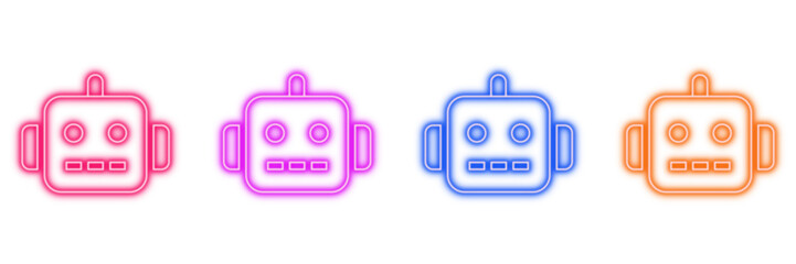 Neon glowing robot head vector icons set, futuristic technology, bot, machine, vibrant colorful outline design illustration on transparent background.