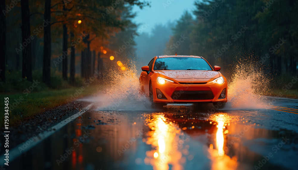 Orange car drives on wet road during heavy rain. Car makes splashes of ...