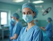 © Maryna - Female surgeon in scrubs and medical cap with mask looks at camera. Medical professionals in operating room. Healthcare staff prepare for surgery in clinic. Doctors are at work.