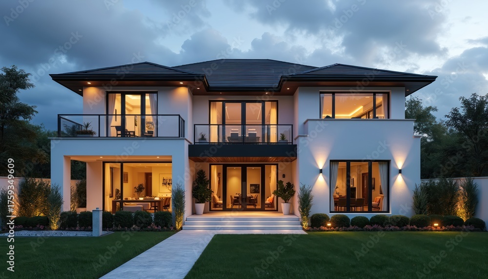 Modern mansion exterior at dusk with illuminated windows, balconies ...