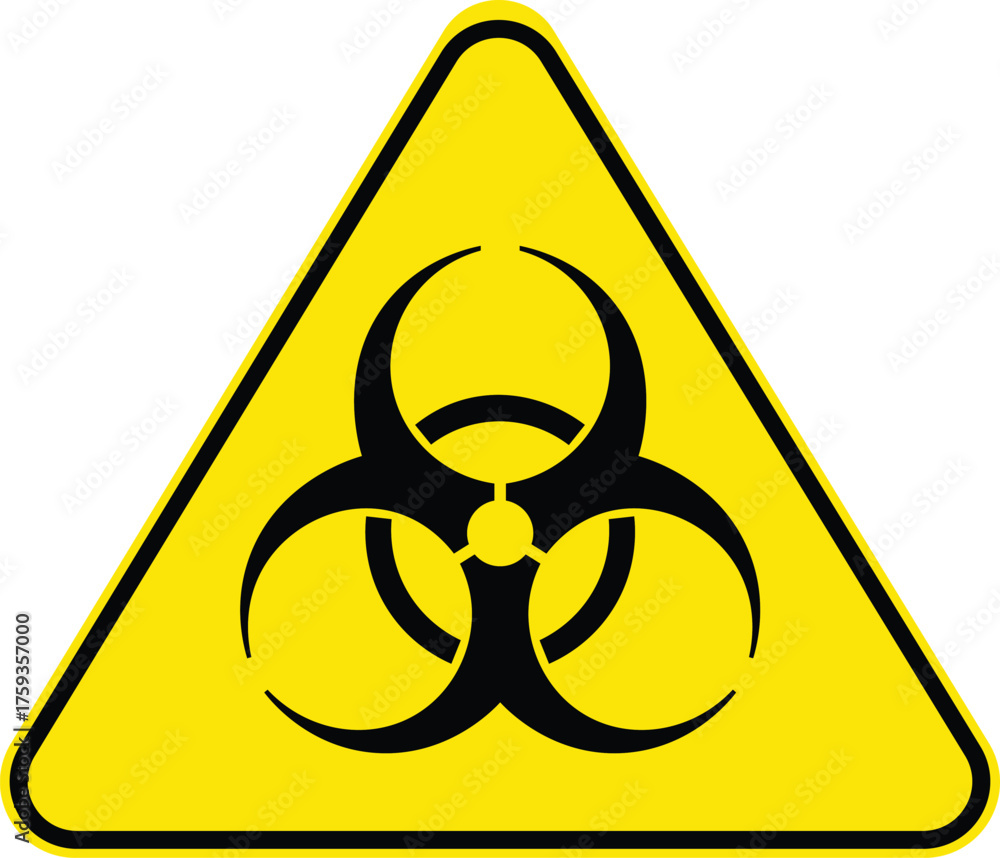 Yellow triangle biohazard warning symbol black icon on white background ...