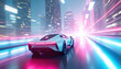 © Maryna - Futuristic electric car speeds down a highway in a neon city at night. White sports vehicle drives fast with motion blur. Modern auto races through an urban cyberpunk metropolis.