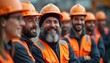 © Pete - Group of construction workers smiles together on building site. Diverse team members wear orange helmets, vests enjoying moment of camaraderie. Image represents teamwork dedication, pro satisfaction