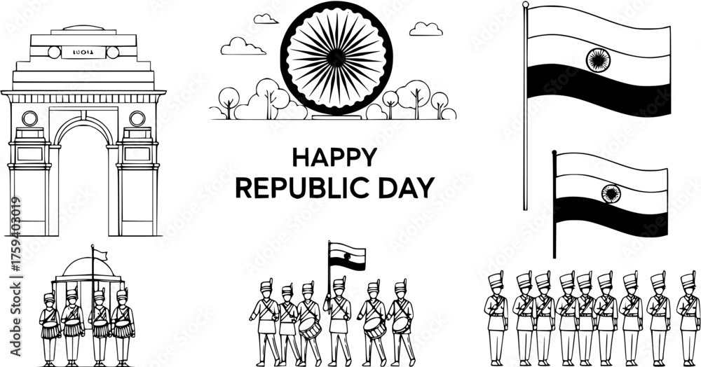 Happy Republic Day India vector set, featuring India Gate monument, national flags, Ashoka Chakra, and marching soldiers in parade, black and white line art illustration.