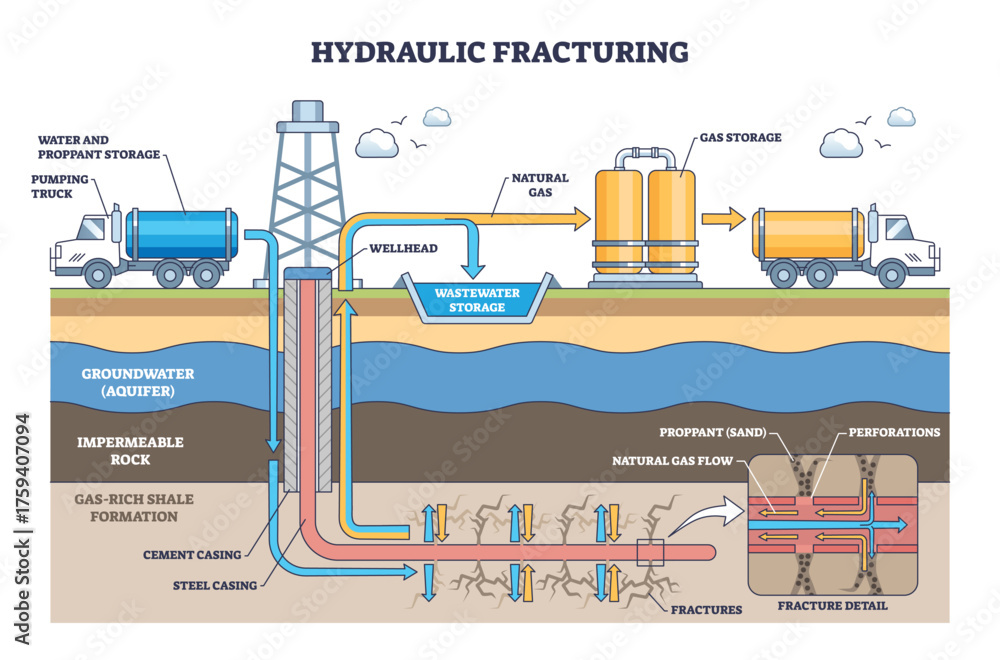 Hydraulic fracturing diagram shows shale gas extraction via horizontal ...