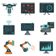 © adzril - This comprehensive set of modern technology icons vividly illustrates the interconnected concepts of automation, artificial intelligence, robotics, and data analysis.