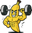 © Eko Sutrisno - Cheerful and muscular kawaii cartoon banana mascot lifting a very heavy barbell above his head