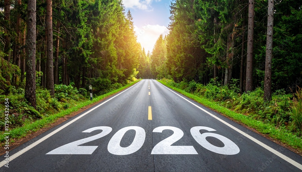 The year 2026 painted on an empty asphalt road leading through a sunlit ...